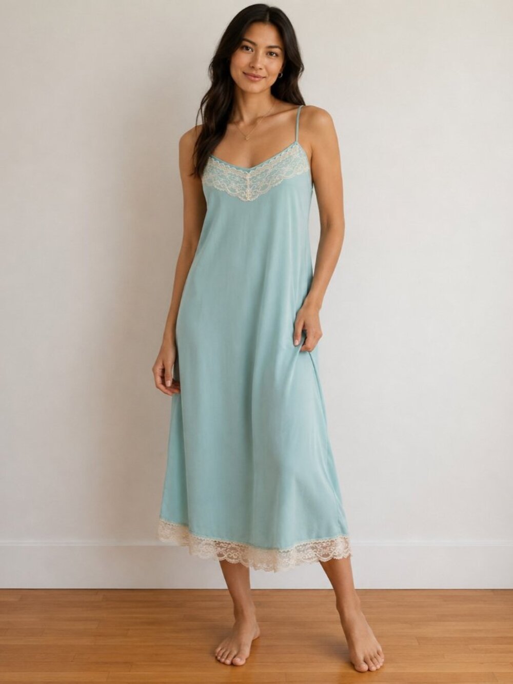 Mint Green Matte Polyester Satin Sz L Midi Cami Slip Dress Lingerie Silky Drape